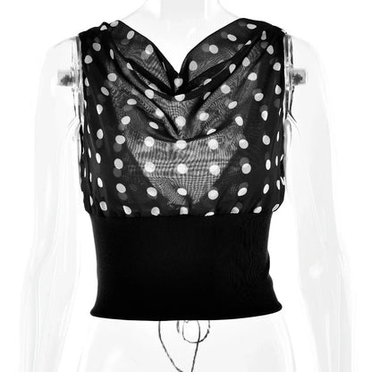 Polka Dots Print Oblique Shoulder Tops Summer Patchwork Chiffon Crop Top Women Sexy Sleeveless Lace Up Backless Blouse Casual Streetwear Tee - Gizmo Galaxy