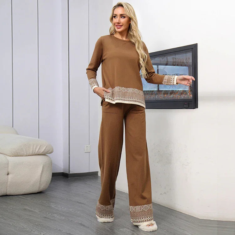 Women's Versatile Crew-neck Jacquard Top And Wide-leg Trousers Set - Gizmo Galaxy