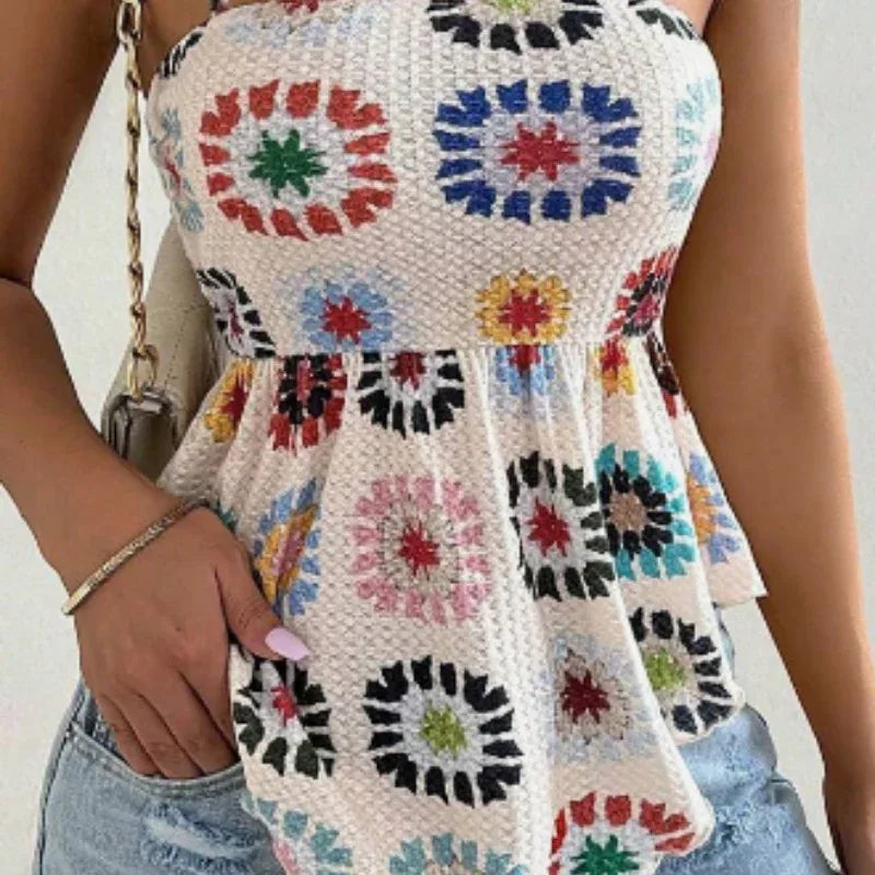 Women's Vacation Hibiscus Printed Ruffle Hem Casual Camisole Top Graphic Tees - Gizmo Galaxy
