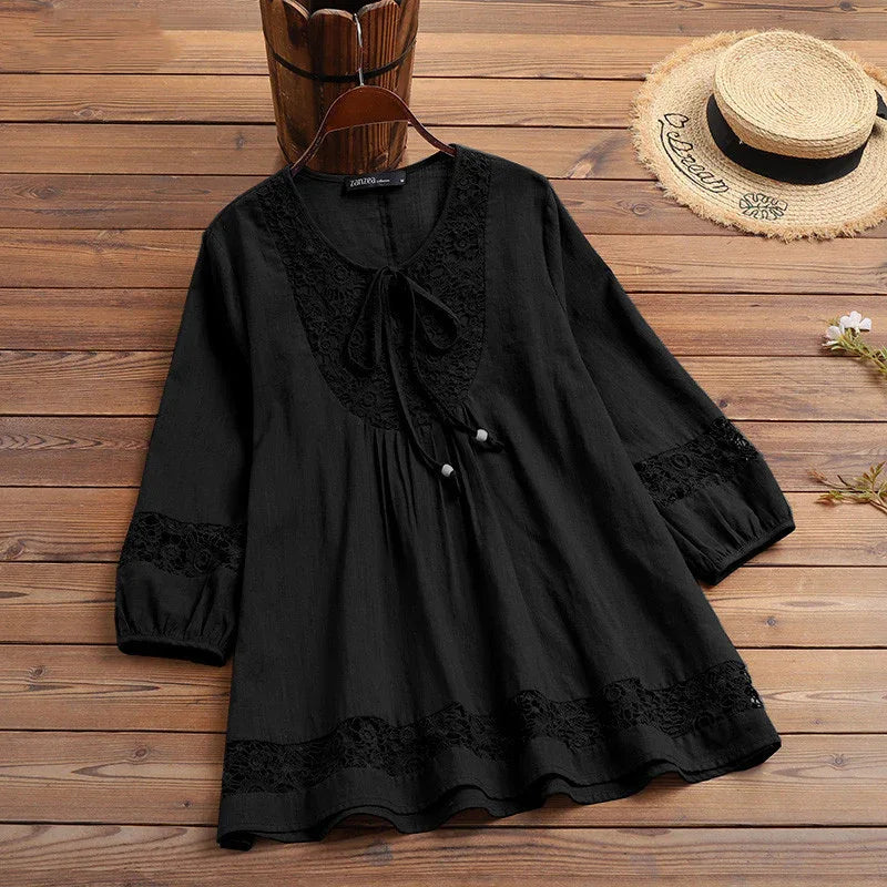 New Spring Autumn Cotton Hemp Splicing Lace Style Three Quarter Sleeve Loose Women's Top T-shirt - Gizmo Galaxy