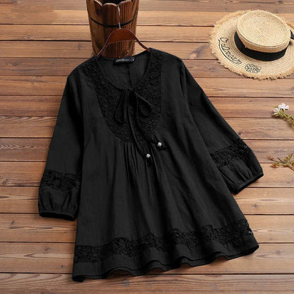 New Spring Autumn Cotton Hemp Splicing Lace Style Three Quarter Sleeve Loose Women's Top T-shirt - Gizmo Galaxy