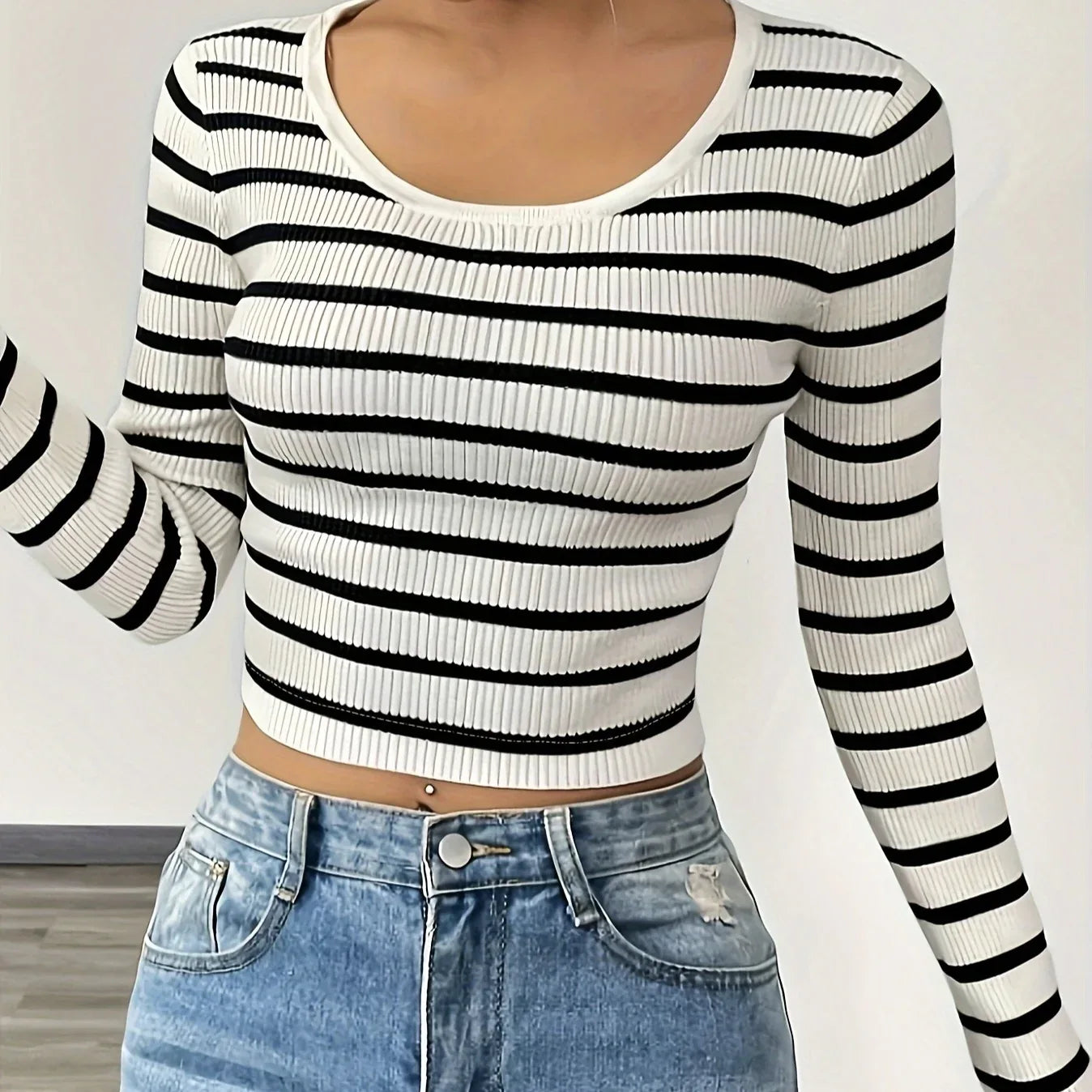 Women's Striped Slim Fit Long Sleeved Knitted T-shirt Top - Gizmo Galaxy
