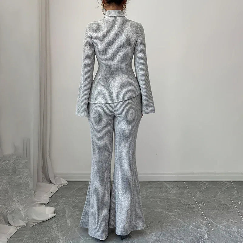 Womens 2 Piece Outfits Turtleneck Matching Lounge Set Flare Sleeve Asymmetrical Top & Wide Leg Pants - Gizmo Galaxy