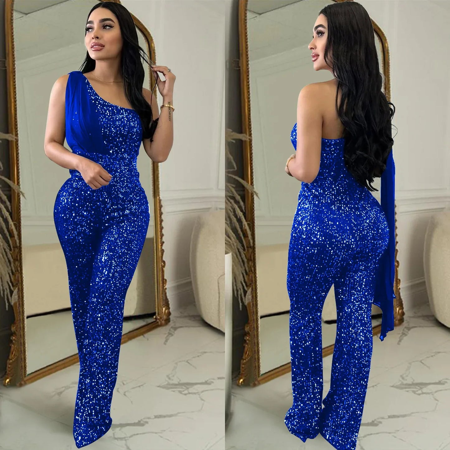 Women's Solid Color Sleeveless One-shoulder Sequined Trousers Jumpsuit - Gizmo Galaxy