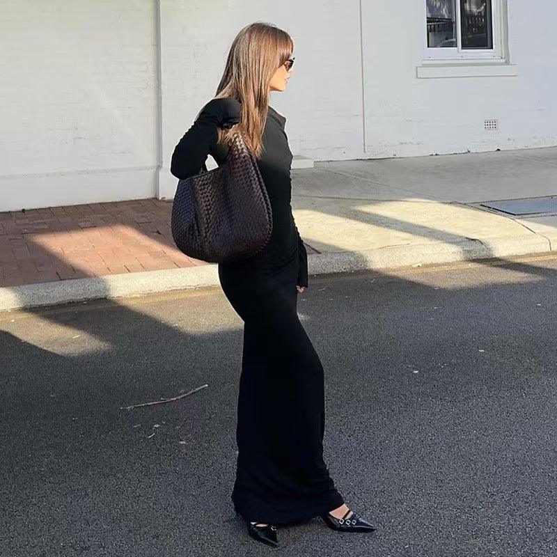 Women's OffshoulderLong-sleeve Figurehugging Pleated Maxi Dress - Gizmo Galaxy