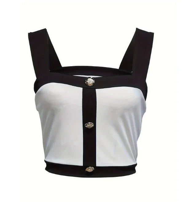 Women's Square Neck Sleeveless Color Blocked Versatile Slim Fit Vest - Gizmo Galaxy