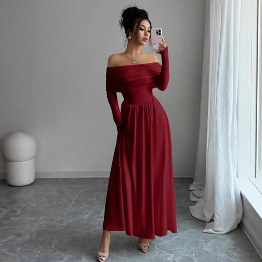 Women's Solid-Color French-Style Off-the-Shoulder Knitted Dress - Gizmo Galaxy