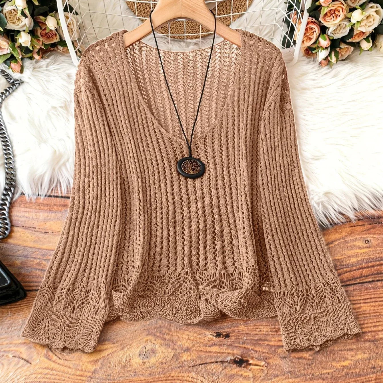 Hollow-out Spring And Summer Long Sleeves Knitted V-neck Plus Size Women's Long-sleeved Sweater - Gizmo Galaxy