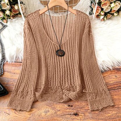 Hollow-out Spring And Summer Long Sleeves Knitted V-neck Plus Size Women's Long-sleeved Sweater - Gizmo Galaxy