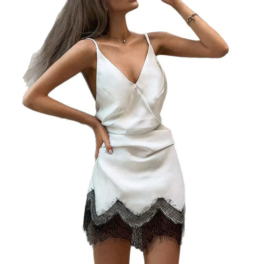New V-neck Slip Dress With Lace Paneling - Gizmo Galaxy