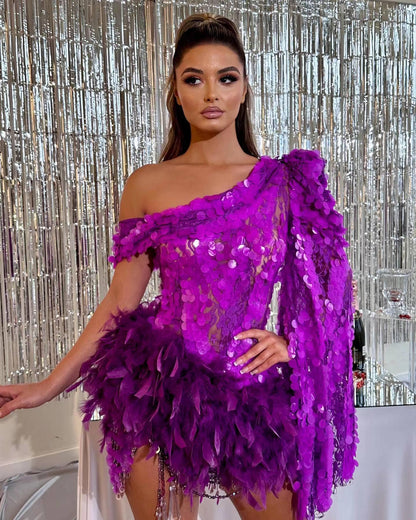 Purple Sequined Feather Skirt One-shoulder Sleeve Short Dress Luxury Party Stage Performance Dress - Gizmo Galaxy