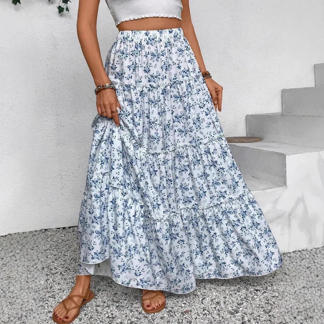 Women's Patchwork Floral Print Chiffon Pleated High Waist Midi Skirt - Gizmo Galaxy