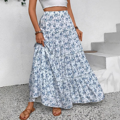 Women's Patchwork Floral Print Chiffon Pleated High Waist Midi Skirt - Gizmo Galaxy