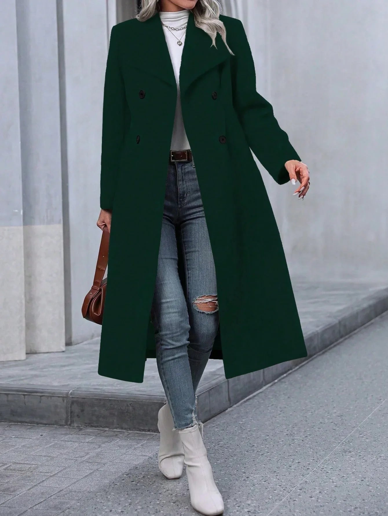 Autumn And Winter Long Coat For Women, Minimalist And Fashionable, Elegant For Commuting, Double-breasted Long-sleeve Faux Wool Long Women's Coat. - Gizmo Galaxy