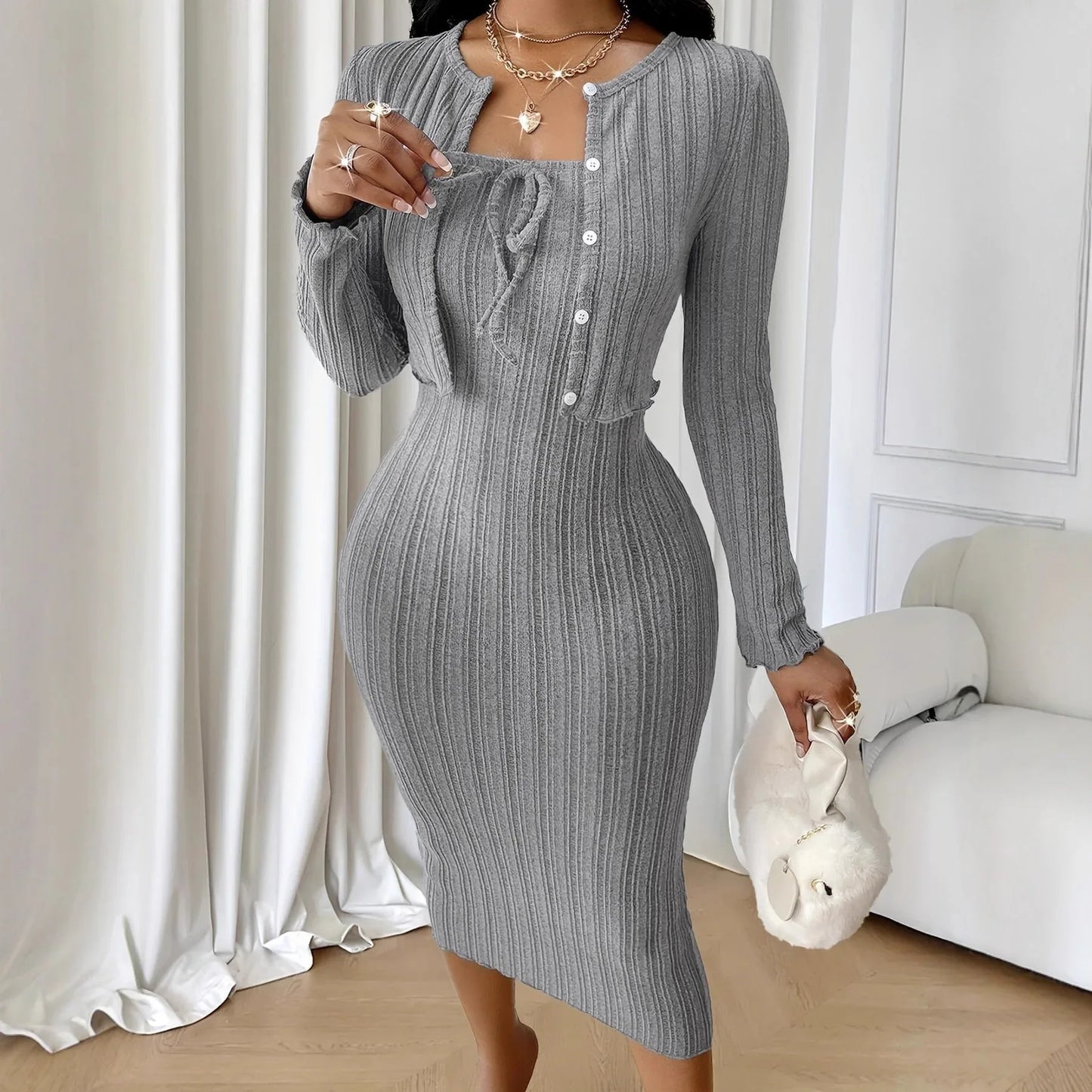 Women's Solid-Color French-Style Slim-Fit Knitted Dress Set - Gizmo Galaxy