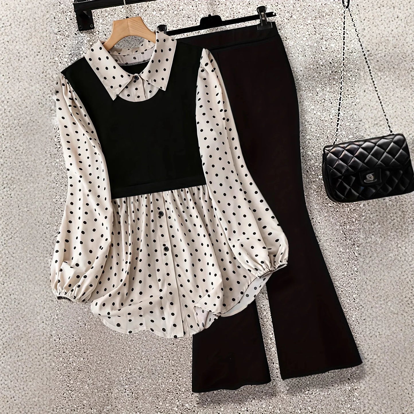 Polka Dot Patchwork Fake Two-piece Long-sleeved Shirt Leggings - Gizmo Galaxy