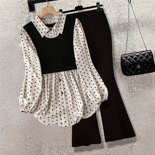 Polka Dot Patchwork Fake Two-piece Long-sleeved Shirt Leggings - Gizmo Galaxy