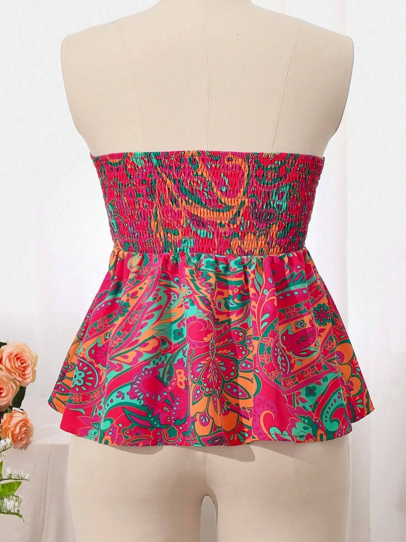 Strapless Cinched Waist Ruffle Hem Floral Printed Vacation Top - Gizmo Galaxy