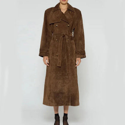 Double Breasted Lapel Shift Coat With Belt Fashion Vintage Suede Long Coat Winter Outwear Women's Clothing - Gizmo Galaxy