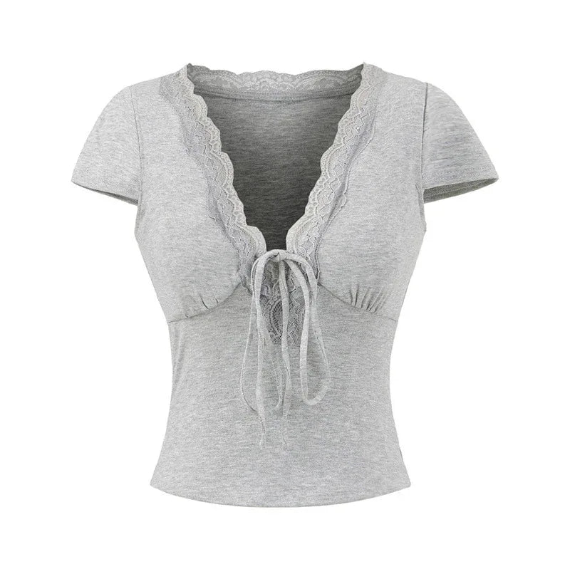 European And American Style Slim Chest Pad Lace V-neck Short Sleeve - Gizmo Galaxy