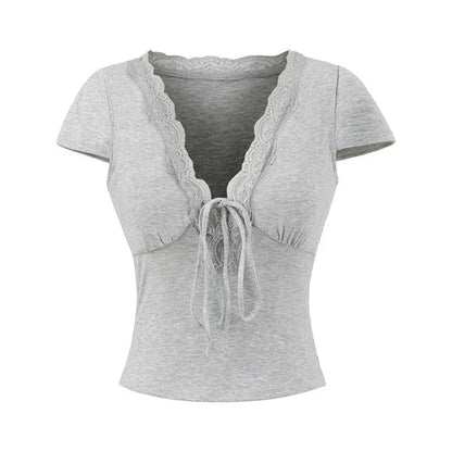 European And American Style Slim Chest Pad Lace V-neck Short Sleeve - Gizmo Galaxy