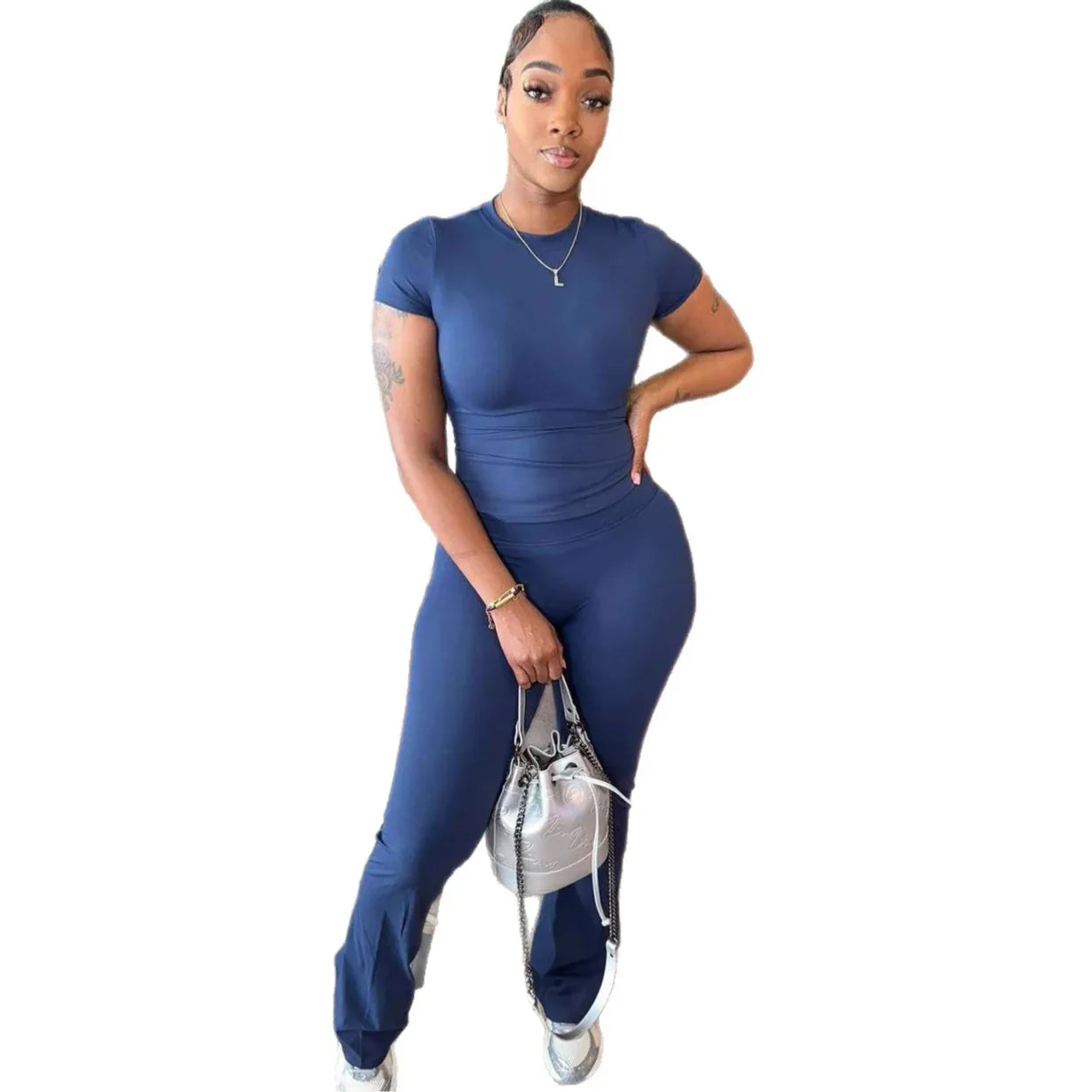 Fashionable Solid-Color Slim-Fit Stretchy Versatile Short-Sleeve Top And Pants Set - Gizmo Galaxy