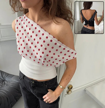 Polka Dots Print Oblique Shoulder Tops Summer Patchwork Chiffon Crop Top Women Sexy Sleeveless Lace Up Backless Blouse Casual Streetwear Tee - Gizmo Galaxy