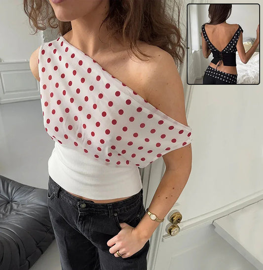 Polka Dots Print Oblique Shoulder Tops Summer Patchwork Chiffon Crop Top Women Sexy Sleeveless Lace Up Backless Blouse Casual Streetwear Tee - Gizmo Galaxy