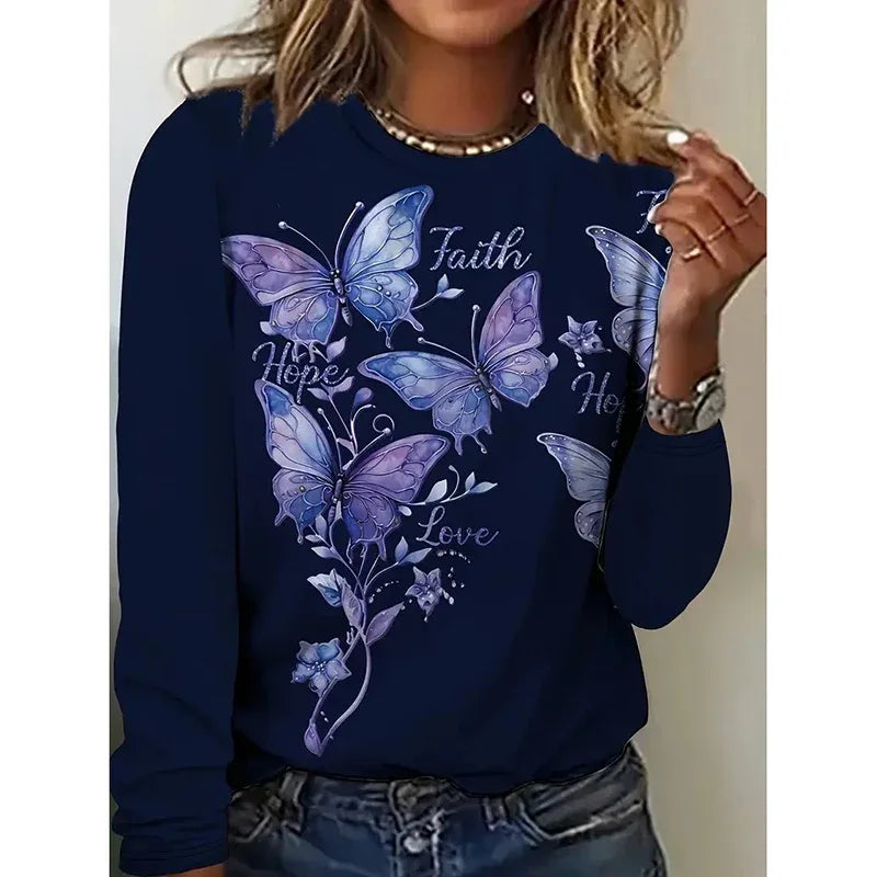 Women Butterfly Print Long Sleeve Shirts Faith-Hope-Love Graphic Tops Casual Loose Fit - Gizmo Galaxy