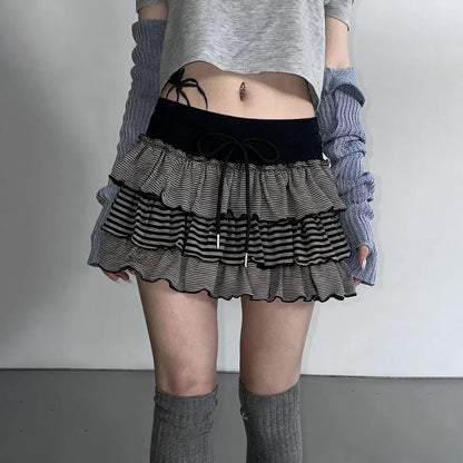 Contrast-color Striped Figure-flattering Layered Ruffle Cake Skirt - Gizmo Galaxy