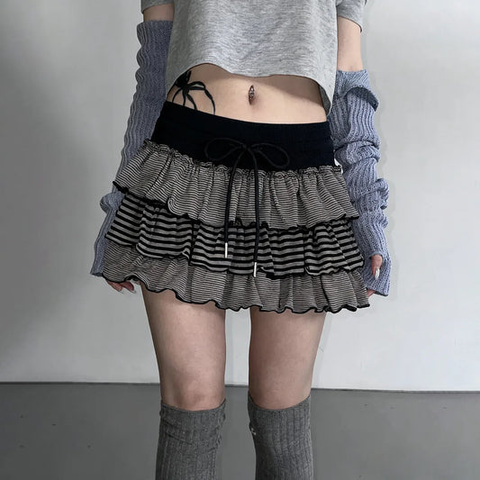 Contrast-color Striped Figure-flattering Layered Ruffle Cake Skirt - Gizmo Galaxy