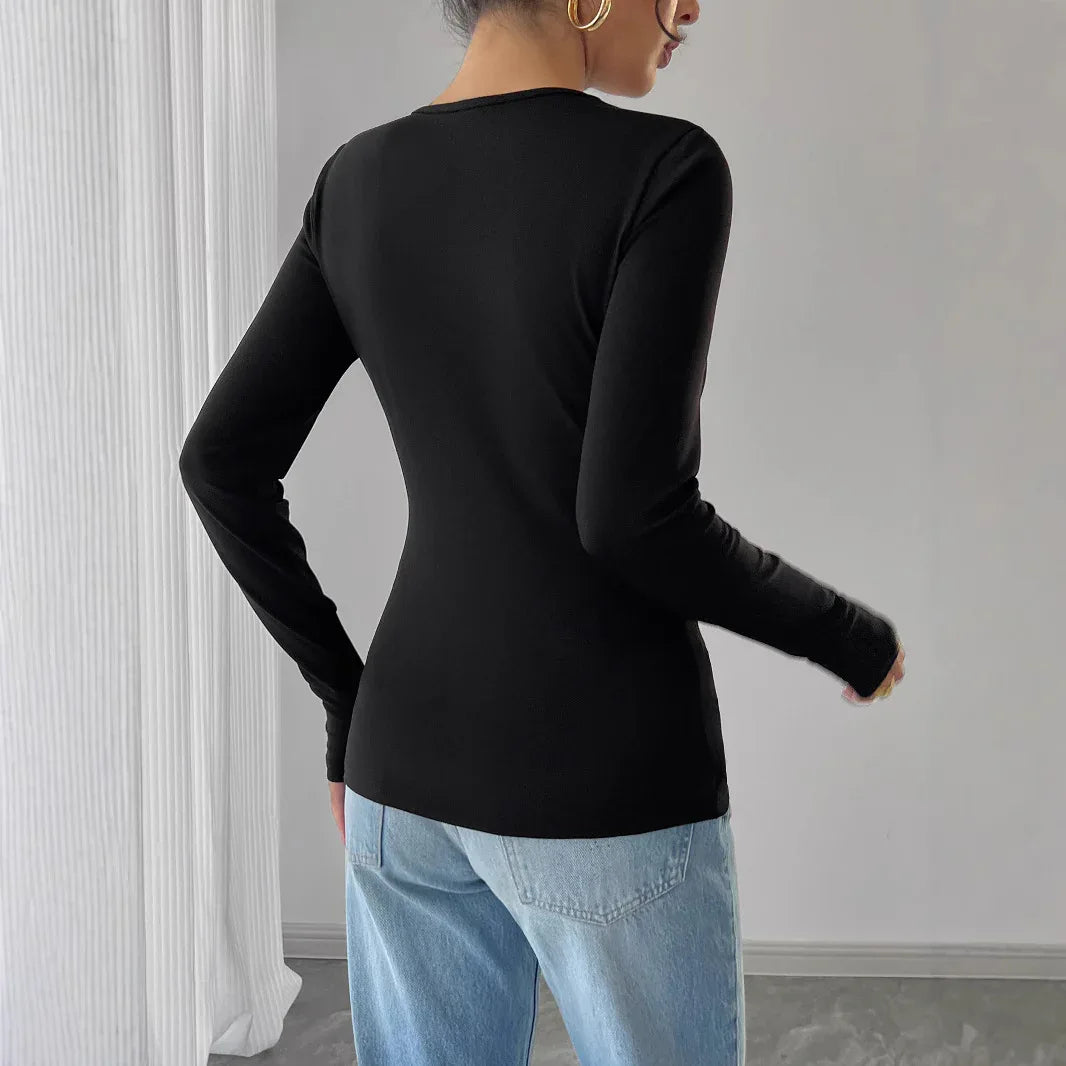 Women Hollow Rose Metal Decorative Black Tight Long Sleeve T-shirt - Gizmo Galaxy