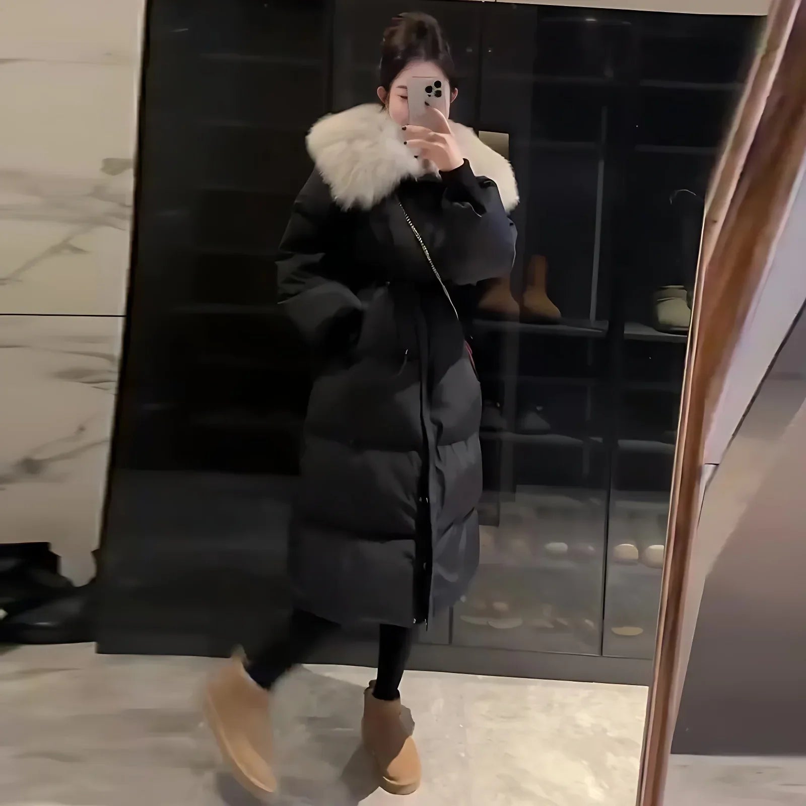 Fur Collar Overknee Long Jacket Women's Waist White Duck Down Coat - Gizmo Galaxy