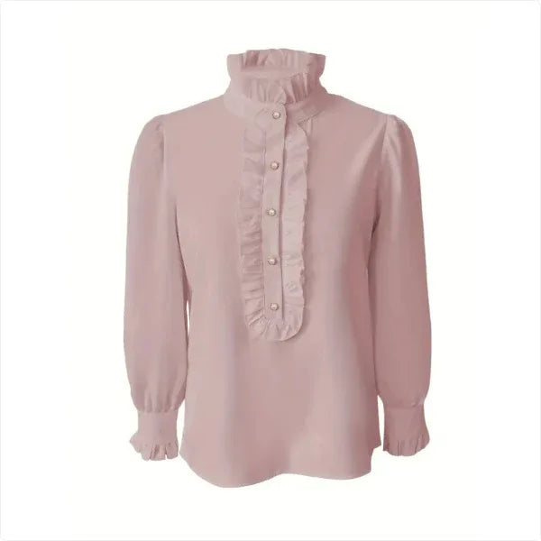 Fashionable Stand-up Collar Long-sleeved Shirt With Lotus Leaf Hem - Gizmo Galaxy