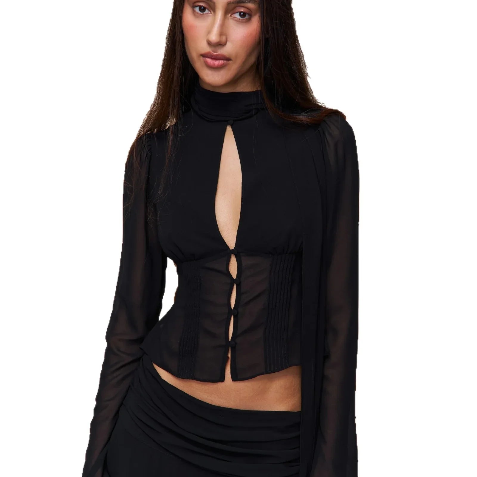 Blouse With Hollow-out Buttons And A Ribbon Tie At The Waist - Gizmo Galaxy