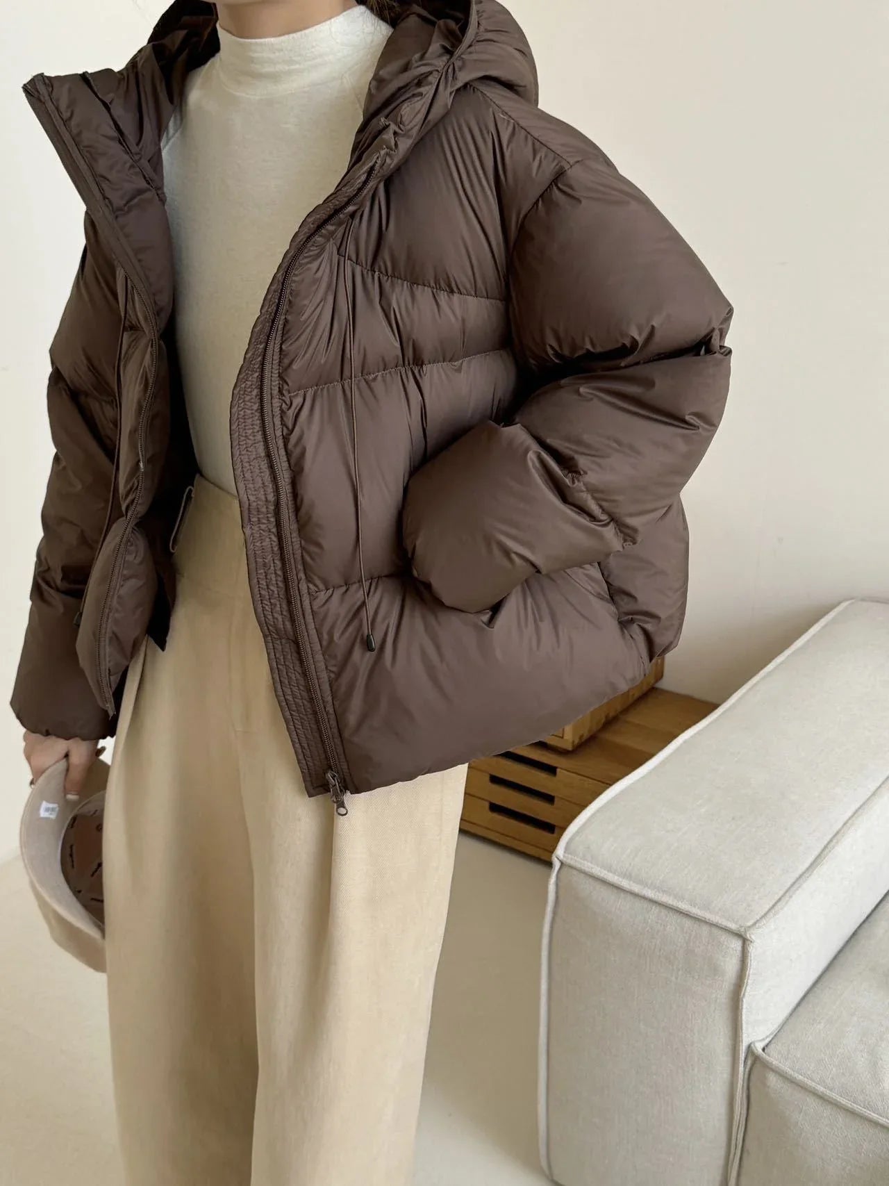White Duck Down Puff Fluffy Hooded Down Jacket - Gizmo Galaxy