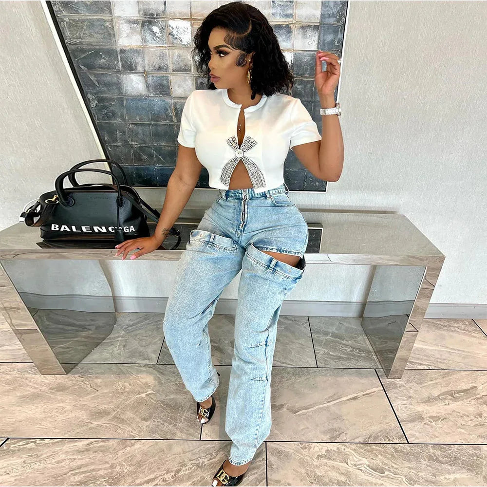 Women's Open-navel Split Rhinestone European And American Top T-shirt - Gizmo Galaxy