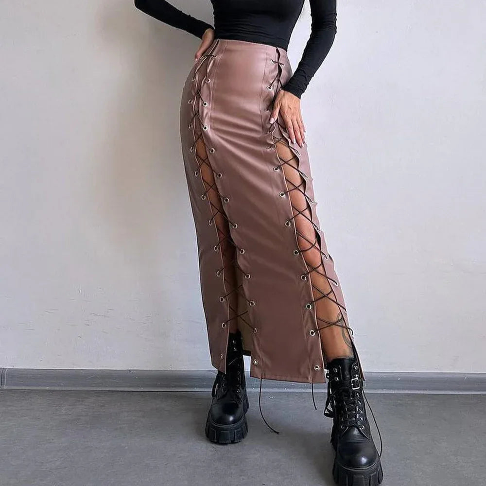Women's Leather Sexy Solid Color Slit Tie Wrap Skirt - Gizmo Galaxy