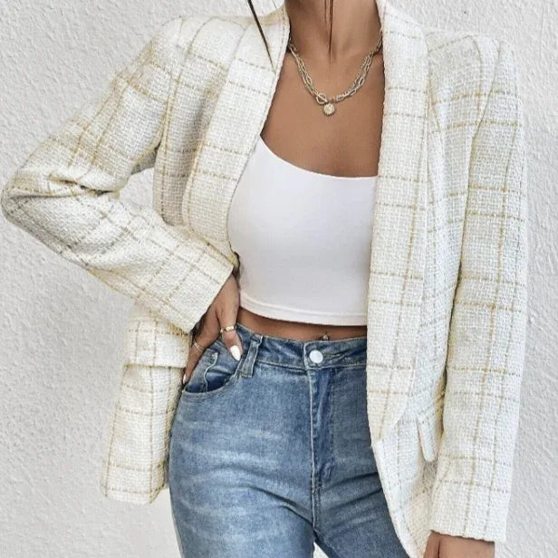 Ladies' Solid Color Linen Fake Pocket Design Fashionable Suit Jacket - Gizmo Galaxy
