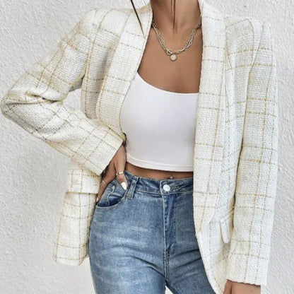 Ladies' Solid Color Linen Fake Pocket Design Fashionable Suit Jacket - Gizmo Galaxy