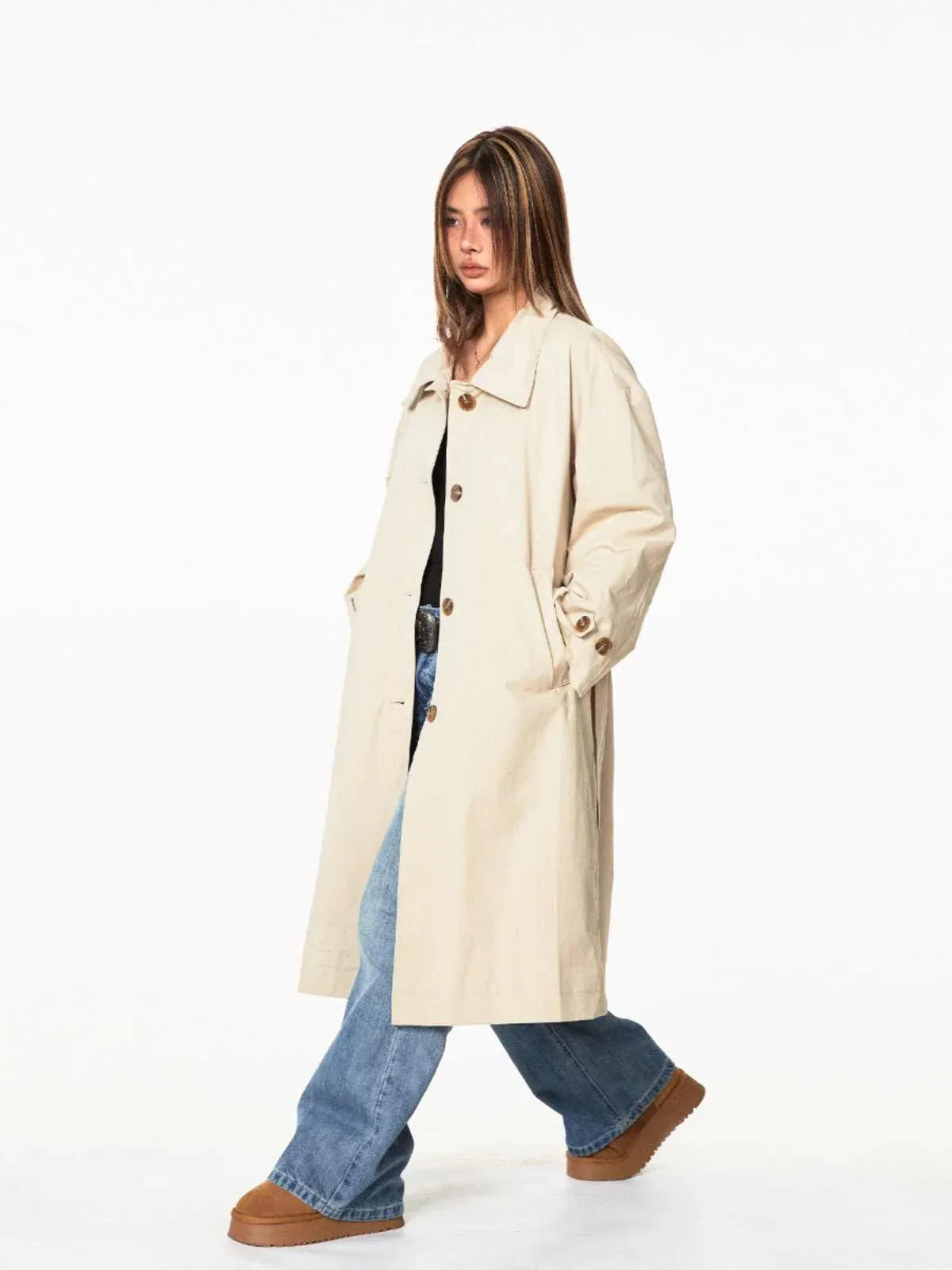 Vintage Single-breasted Belt Long Trench Coat - Gizmo Galaxy