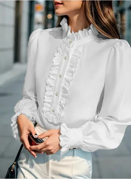 Fashionable Stand-up Collar Long-sleeved Shirt With Lotus Leaf Hem - Gizmo Galaxy