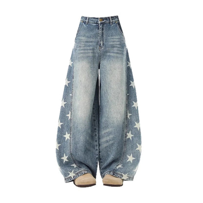 American Style Retro Washed Denim Pants Loose Trendy Wide Leg Trousers - Gizmo Galaxy