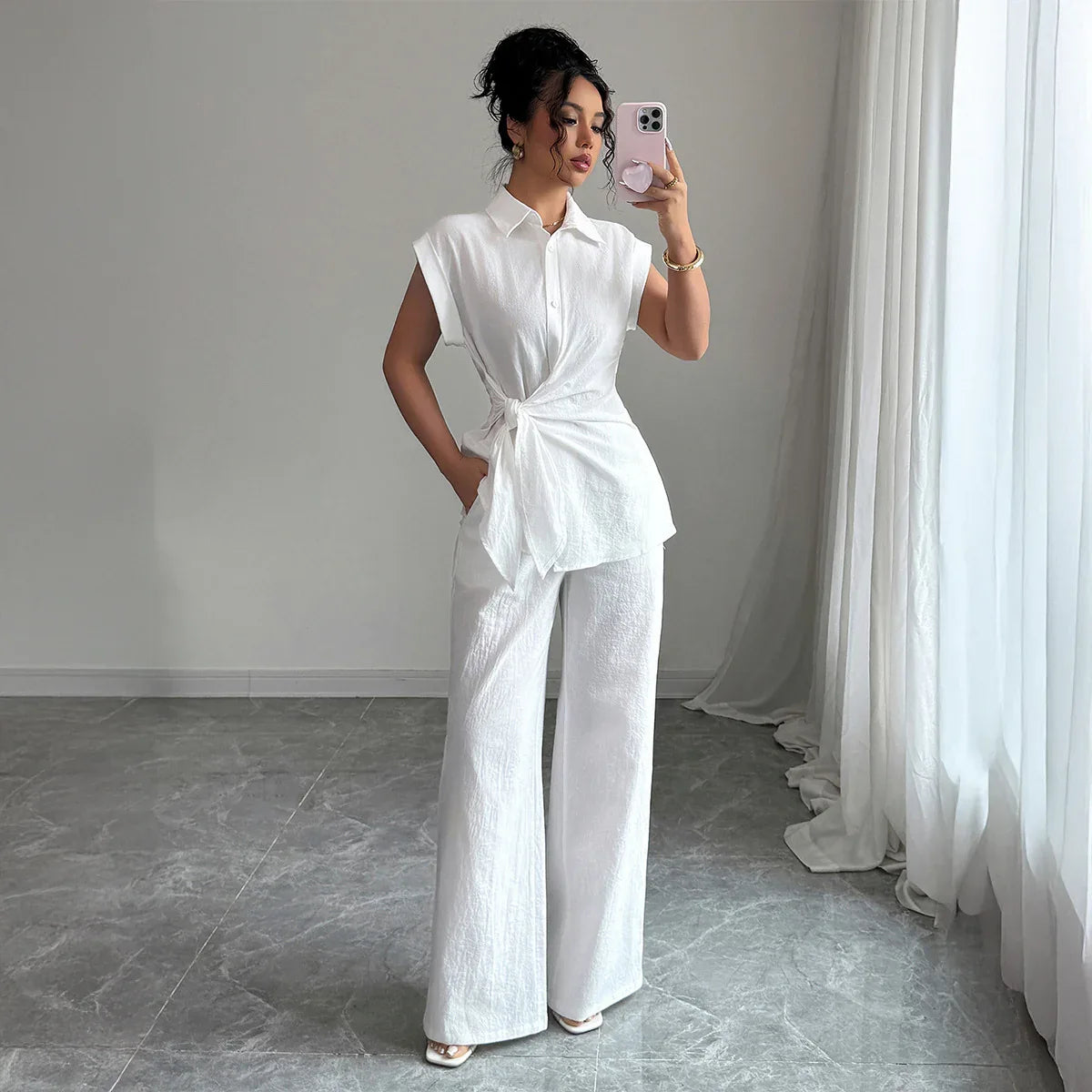 Womens Solid-Color Elegant High-End Short-Sleeve Vest And Pants Set - Gizmo Galaxy