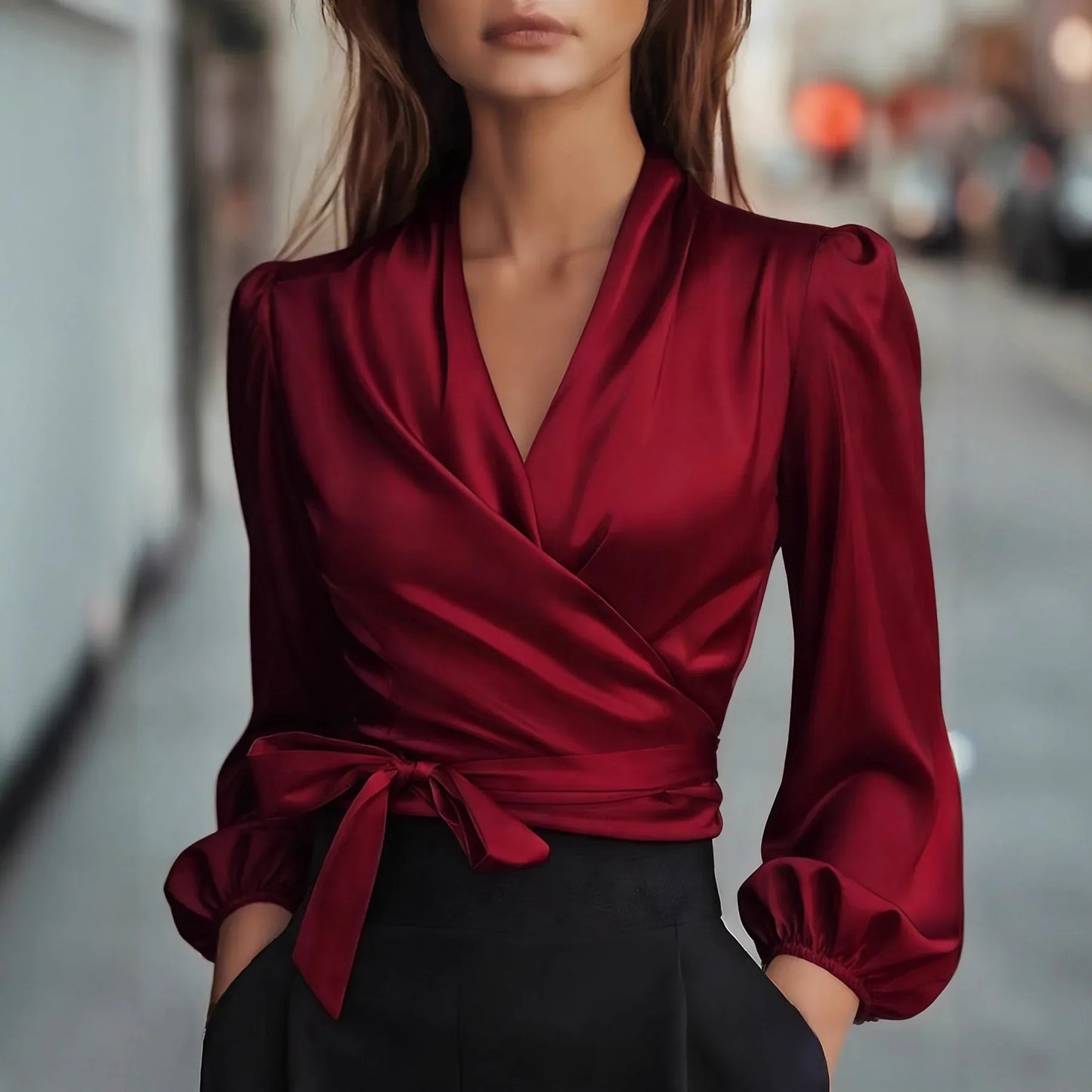 Womens Solid-Color V-Neck Elegant Satin-Bonded Shirt - Gizmo Galaxy