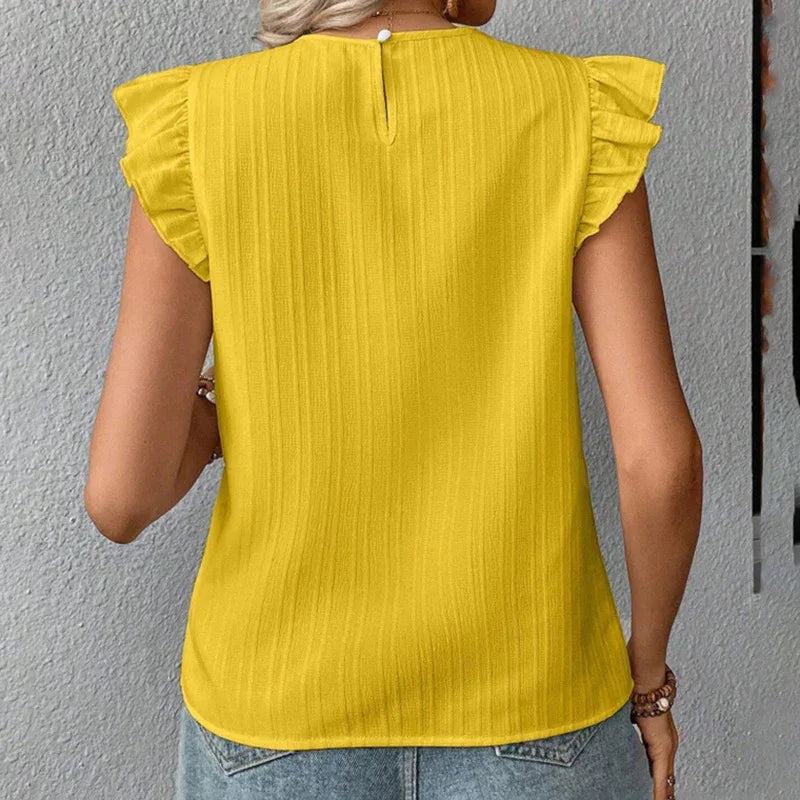 Women's Ruffle Short Sleeve Summer Tops Cute Crew Neck Floral Crochet Blouses Shirts - Gizmo Galaxy