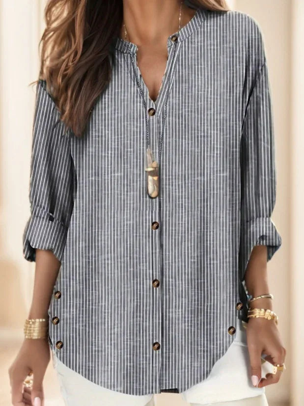 Women's Vertical Striped Notched Collar Shirt,Long Sleeve Tops - Gizmo Galaxy
