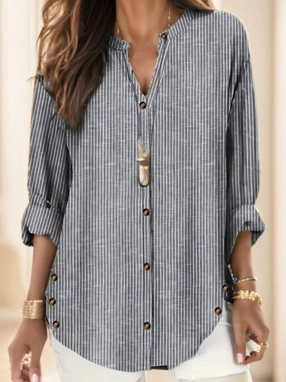 Women's Vertical Striped Notched Collar Shirt,Long Sleeve Tops - Gizmo Galaxy