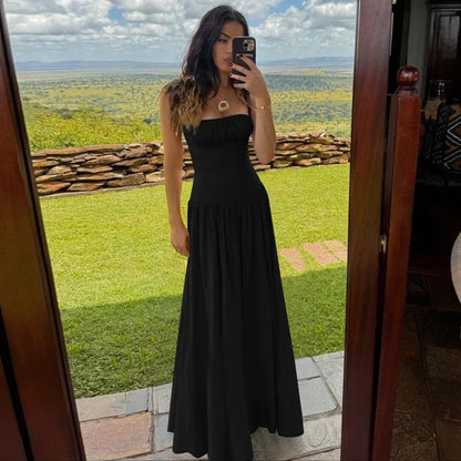 Off-neck Pleated Stitching High Waist Slimming Solid Color Sling Dress - Gizmo Galaxy