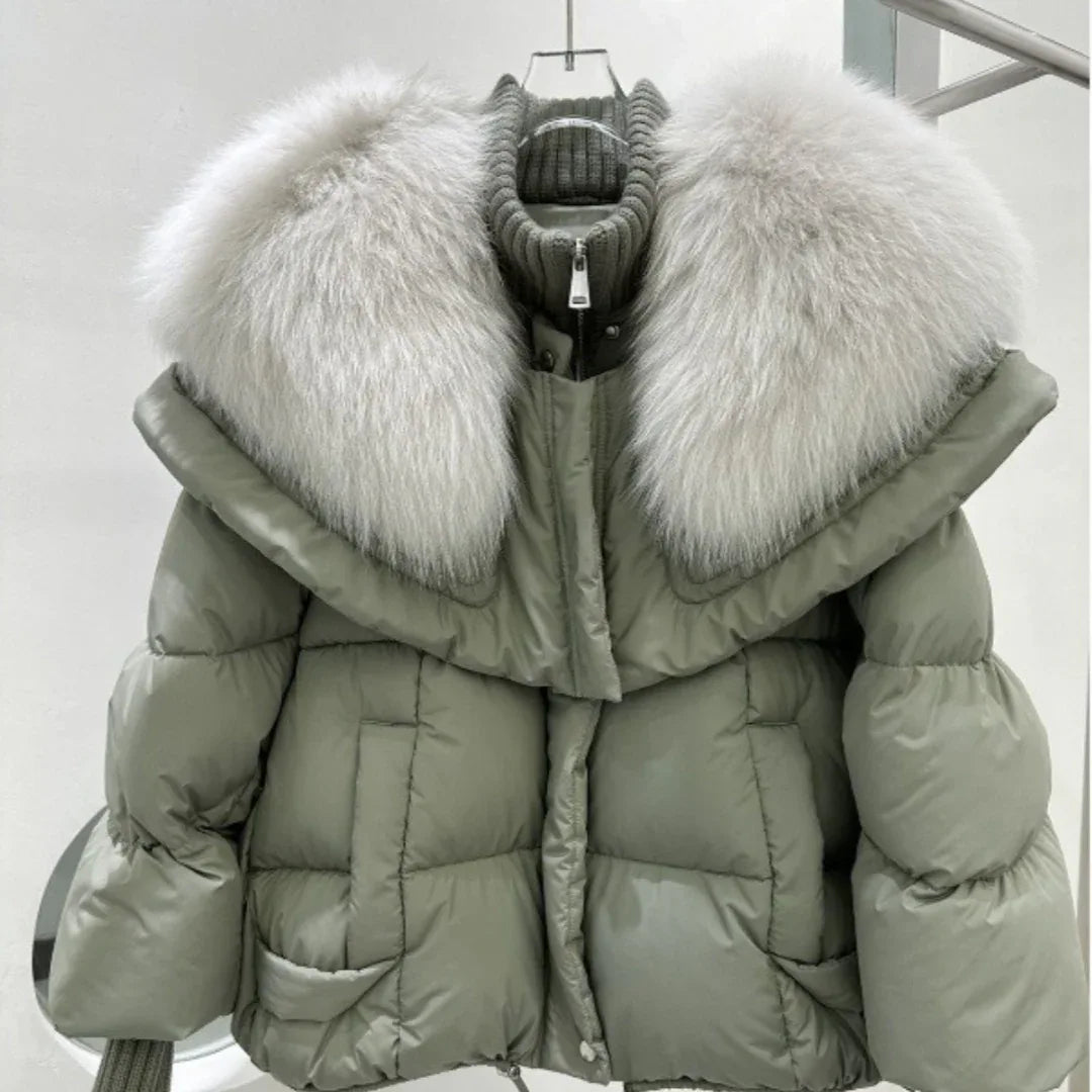 High-end Fox Fur Collar White Duck Down Short Down Jacket Female Light Luxury Loose And Warm Puffer Jacket Coat - Gizmo Galaxy